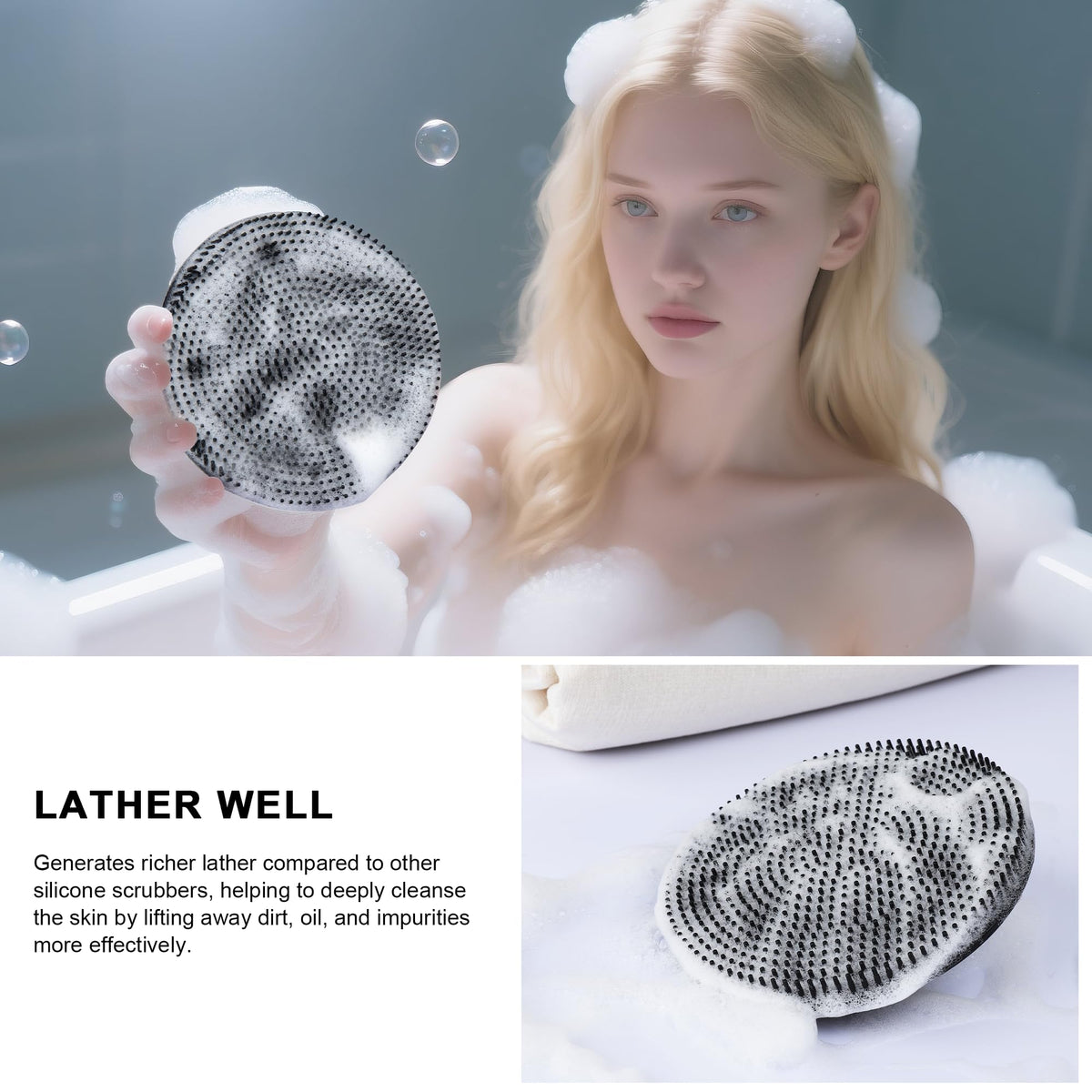 INNERNEED Silicone Body Scrubber in a bathroom setting