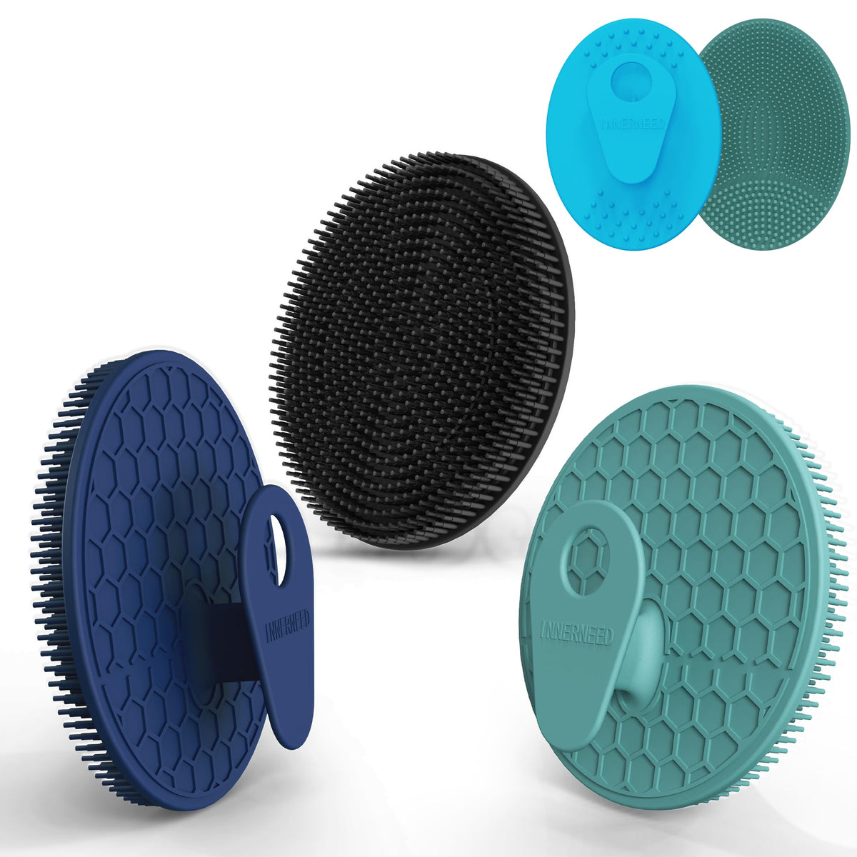 INNERNEED Silicone Body Scrubber in black, blue, and green front view