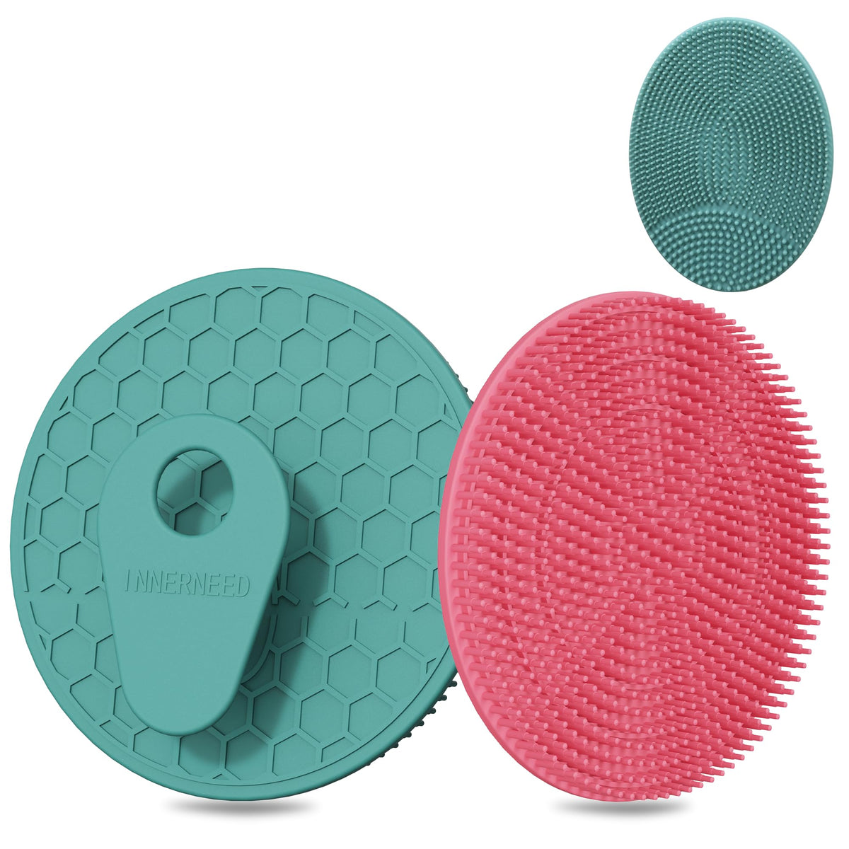 INNERNEED Silicone Body Scrubber Set in green and pink, front view