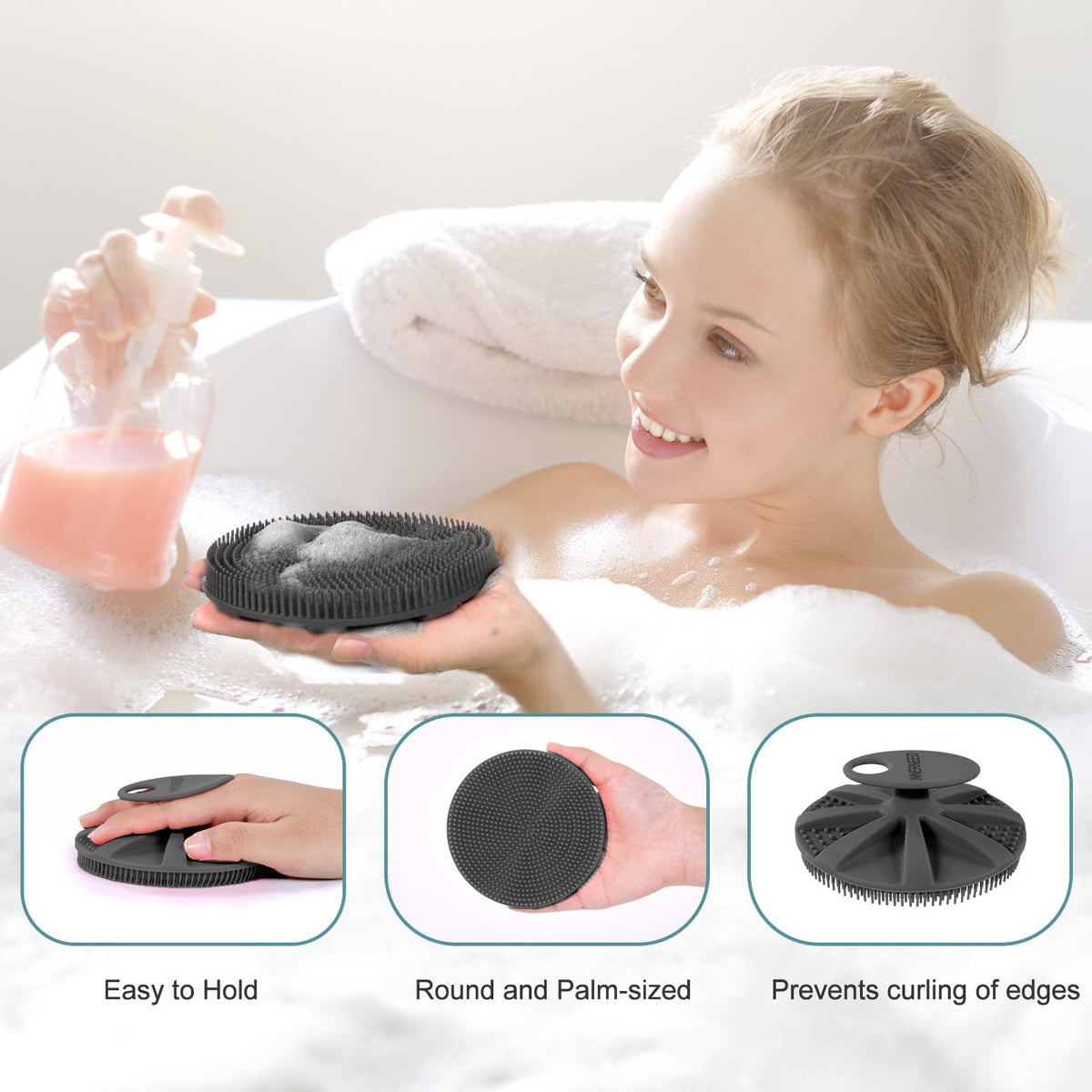INNERNEED silicone body scrubber showing built-in hook for hanging