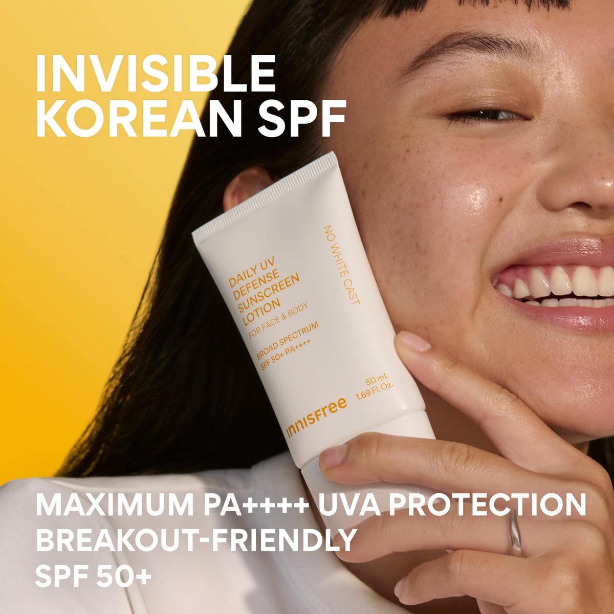 innisfree Daily UV Defense Sunscreen SPF 50+ with a dewy finish on skin