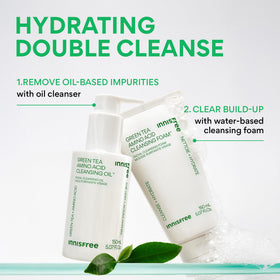 innisfree Green Tea Amino Acid Cleansing Foam lifestyle scene with fresh green tea leaves