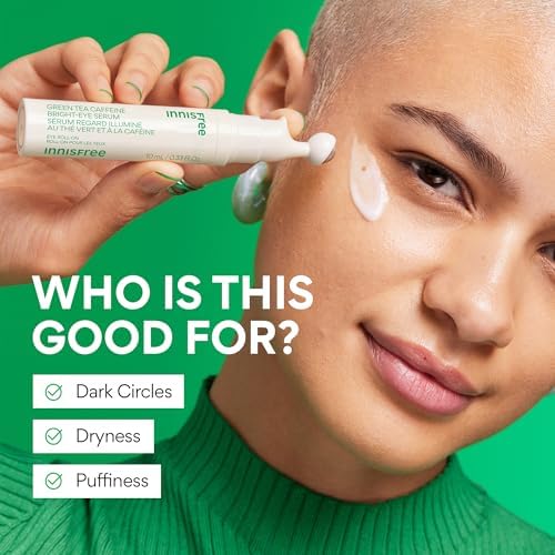 innisfree Green Tea Eye Serum Roll-On in a bathroom setting