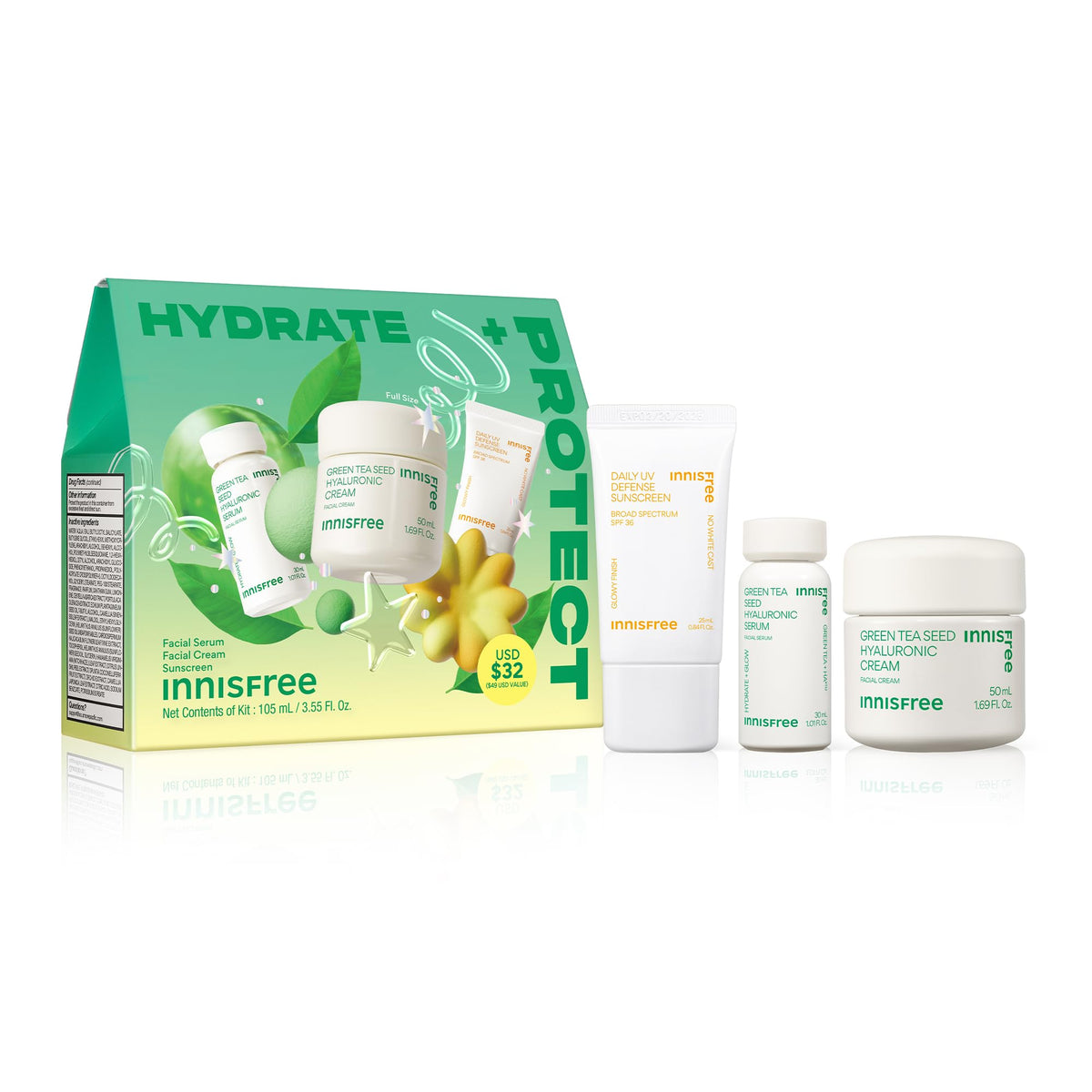 innisfree Hydrate + Protect Set including serum, cream, and sunscreen