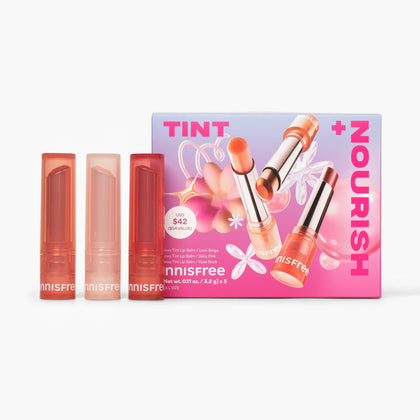 innisfree Tint + Nourish Set with three tinted lip balms in packaging