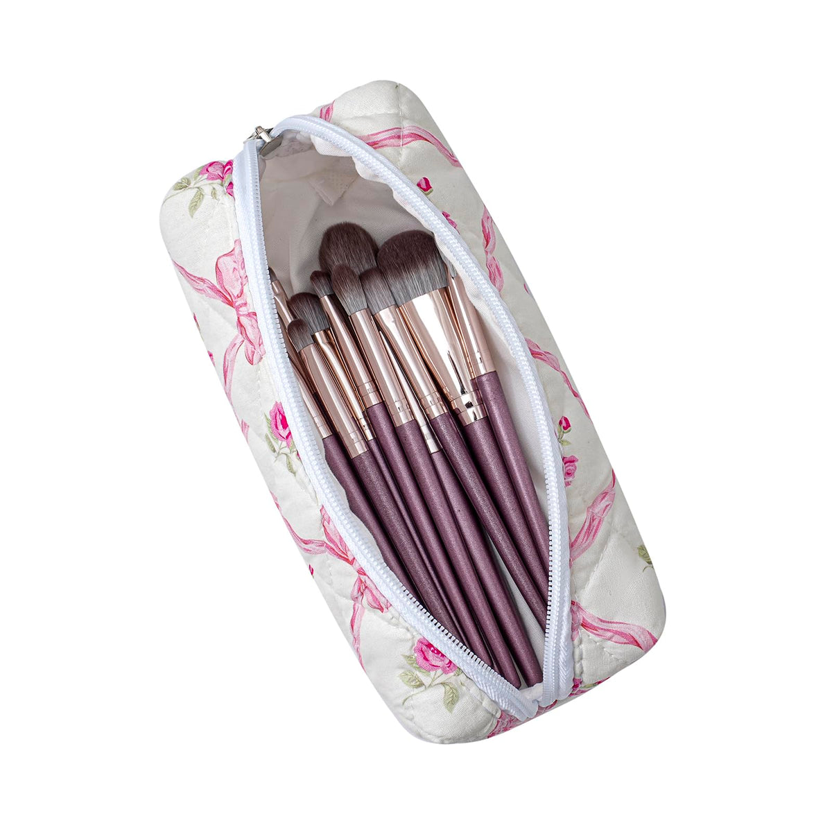 Inside view of HHQQWZ Floral Cotton Makeup Brush Bag showing spacious compartments
