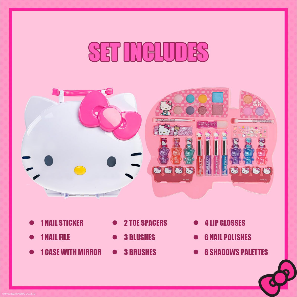 Inside view of Townley Girl Hello Kitty makeup set showing nail polish and eyeshadow