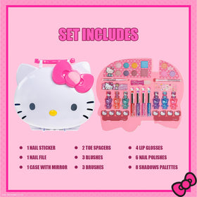 Inside view of Townley Girl Hello Kitty makeup set showing nail polish and eyeshadow