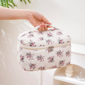 Inside view of uekeboag Floral Cotton Makeup Bag with cosmetics