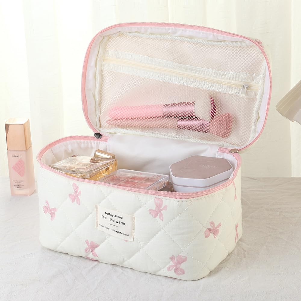 Inside view of uekeboag Large Travel Quilted Makeup Bag showing compartments