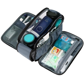 Inside view of ZEEMO Travel Toiletry Bag with organised toiletries