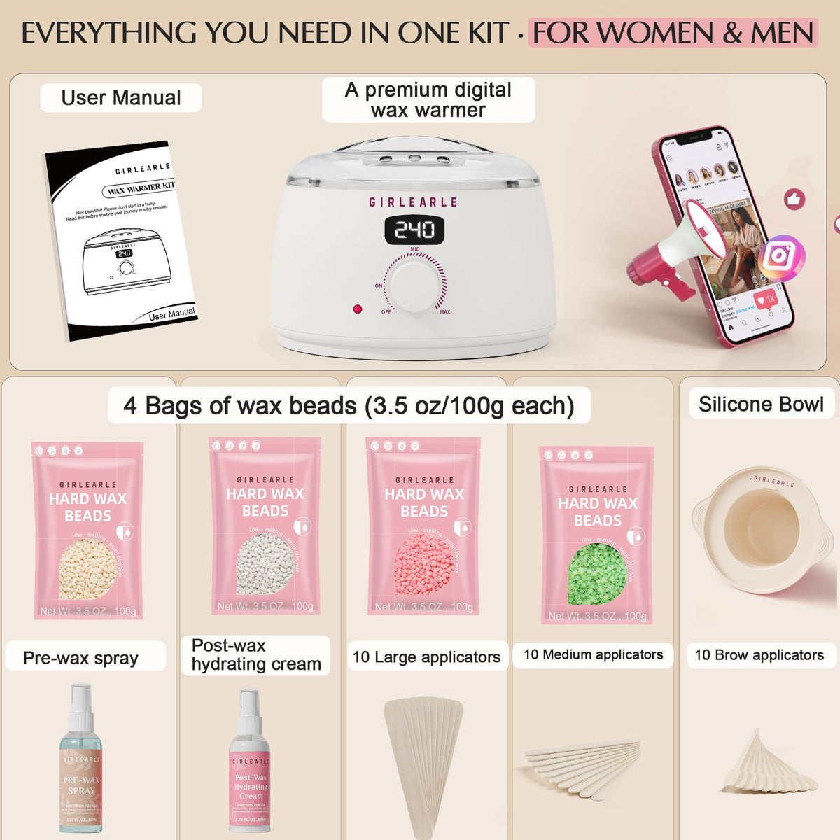 Instruction guide included in the GIRLEARLE waxing kit