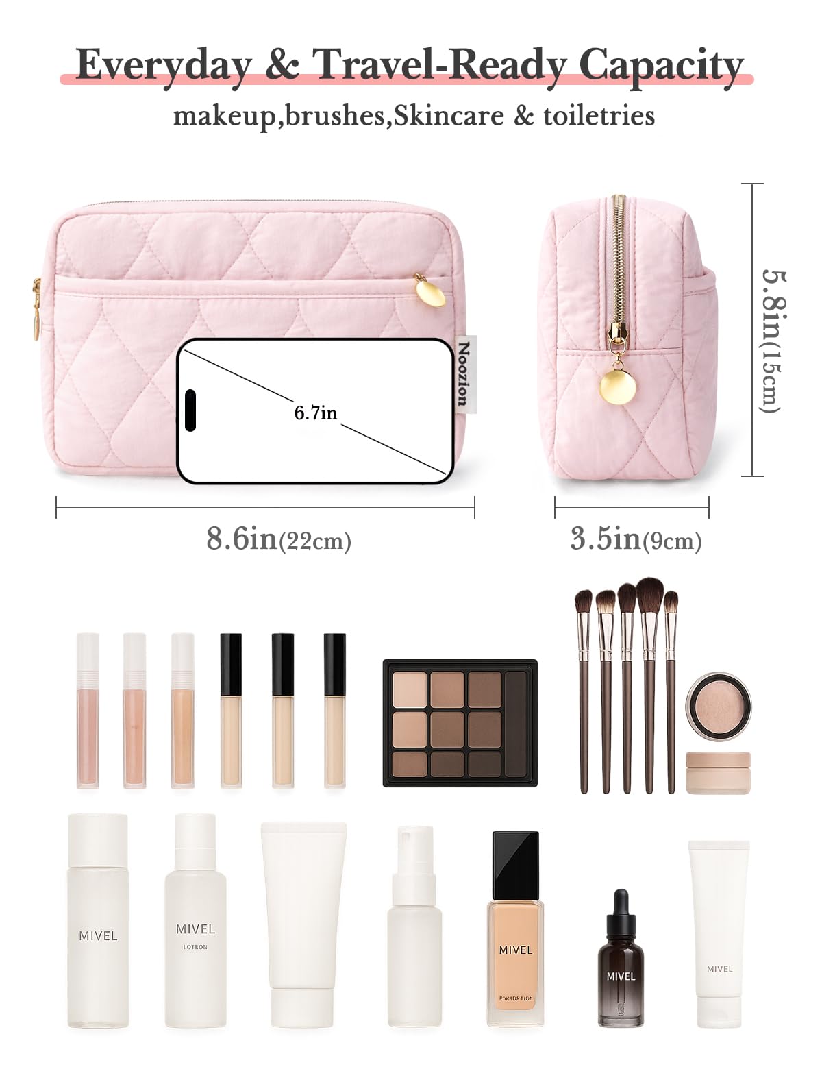 Interior compartments of Noozion Makeup Bag showcasing organisation