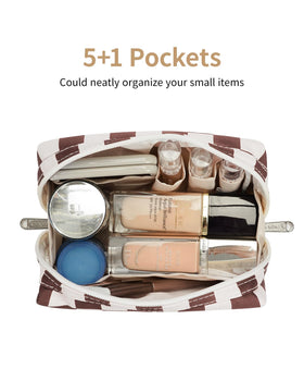 Interior of Narwey Small Checkered Makeup Bag showing multiple compartments