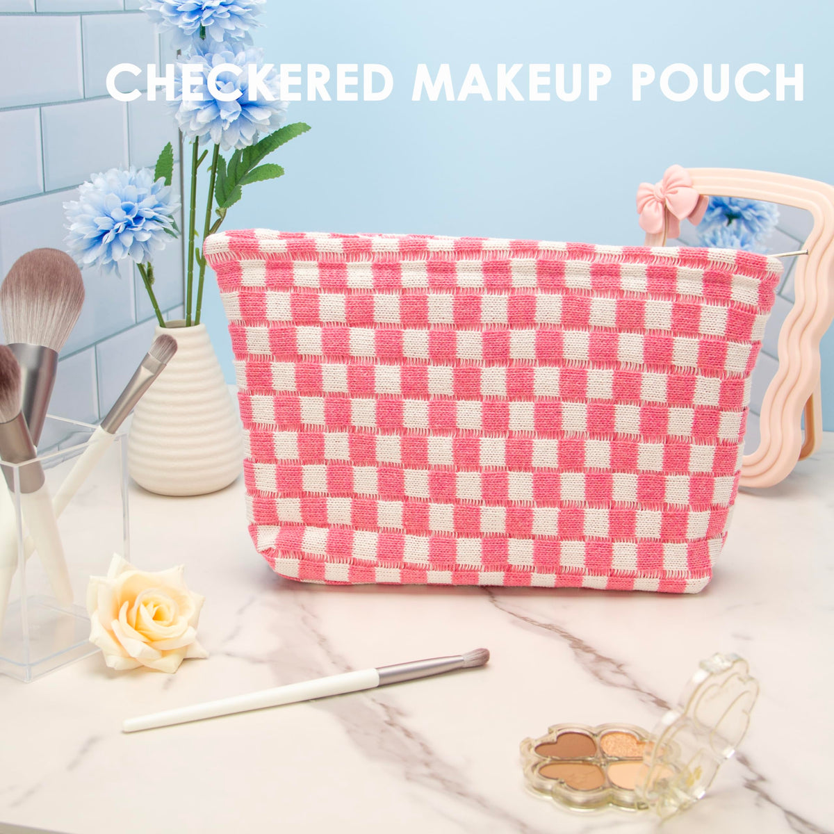 Interior of PAZIMIIK Checkered Makeup Bag showing storage space