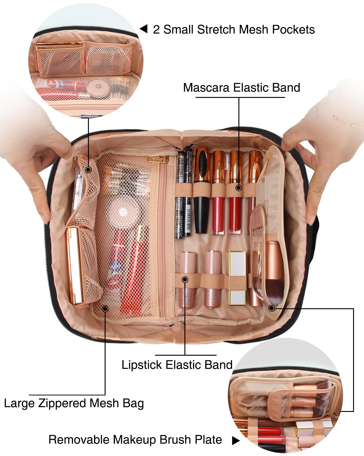 Interior of Relavel Travel Makeup Bag showing brush slots and pockets