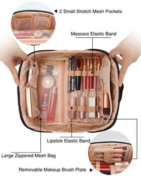 Interior of Relavel Travel Makeup Bag showing brush slots and pockets