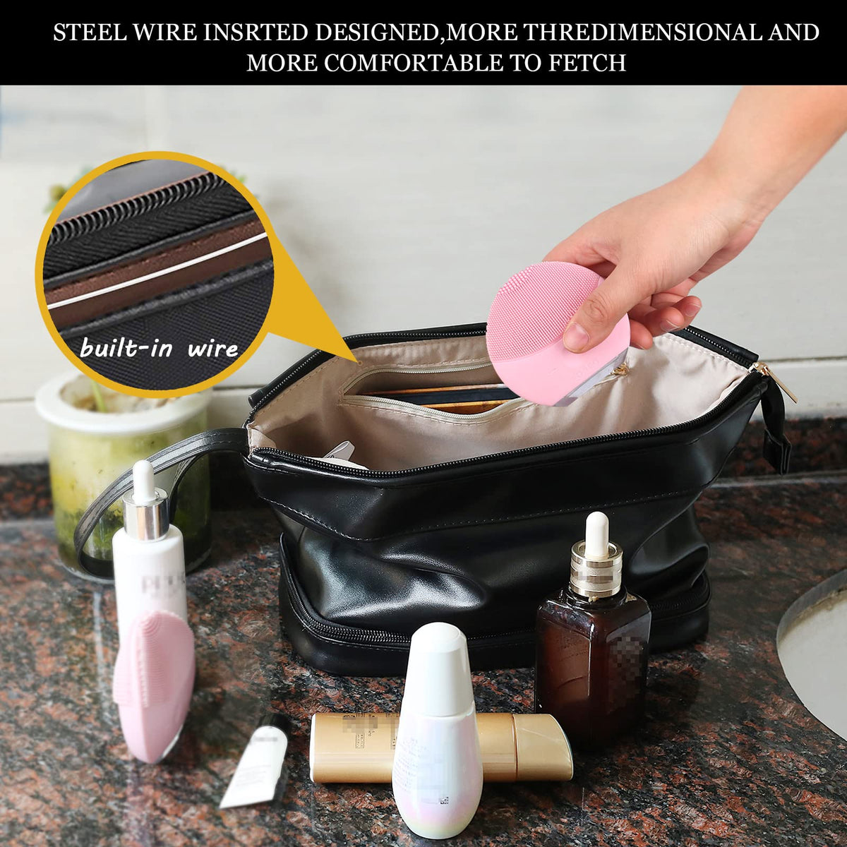 Interior view of Abiudeng Large Makeup Bag with brush holders