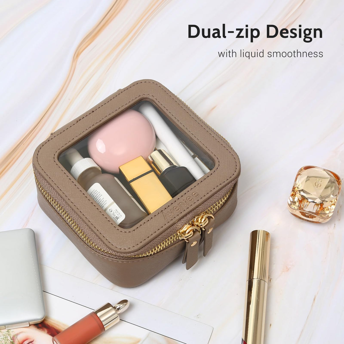 Interior view of Aveniee Mini Clear Makeup Bag with cosmetics