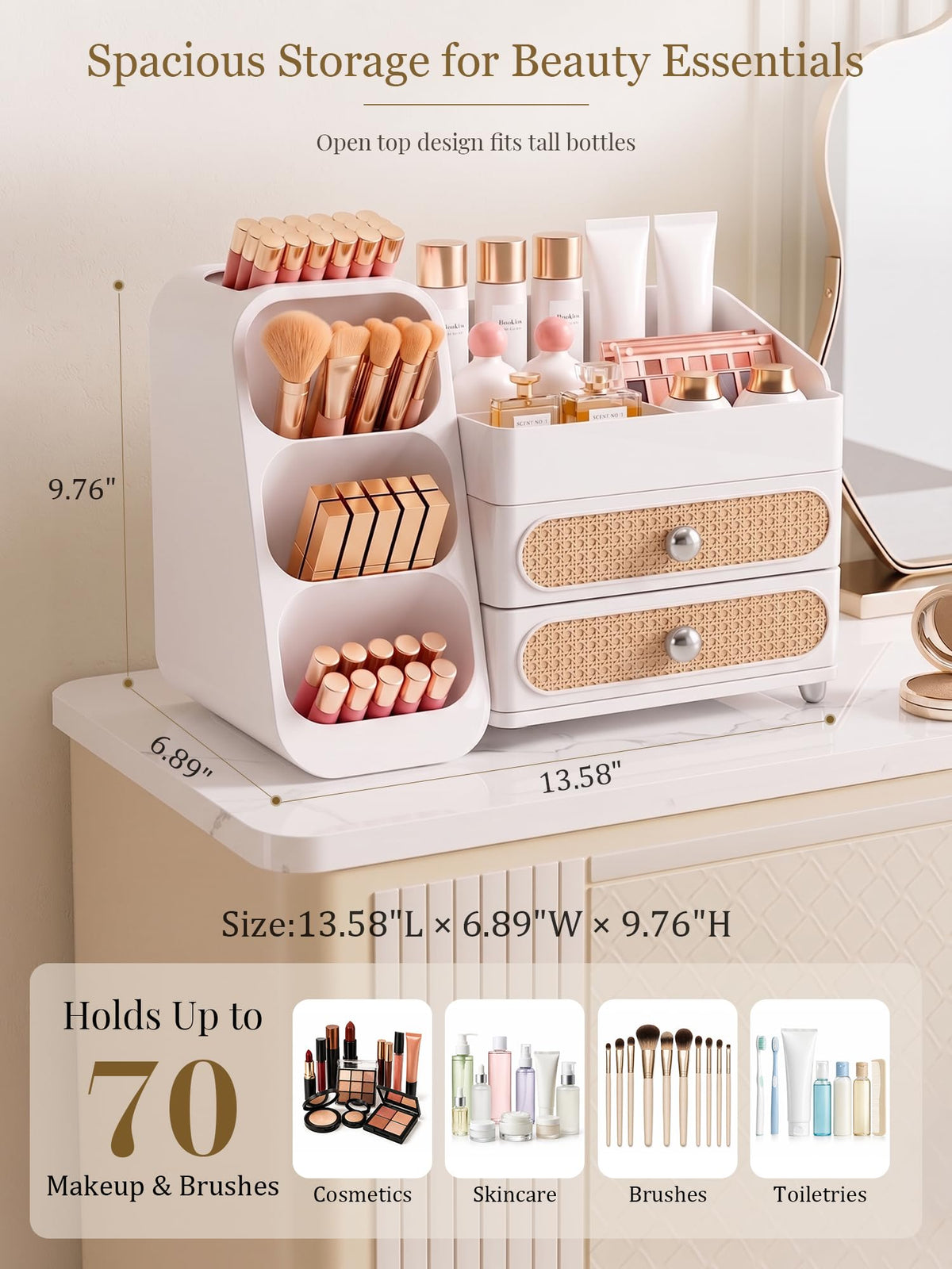 Interior view of Booklov Large Makeup Organizer showing compartments