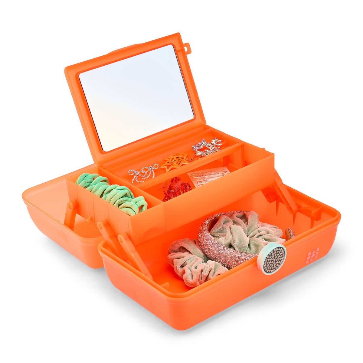 Interior view of Caboodles On-The-Go Girl Makeup Box with compartments and mirror