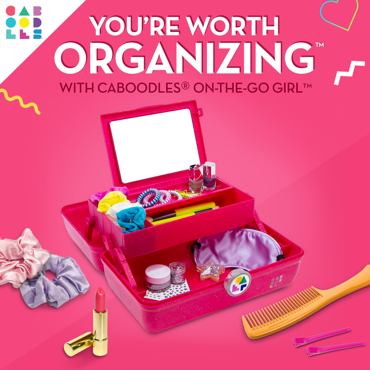 Interior view of Caboodles On-The-Go Girl Makeup Box with compartments