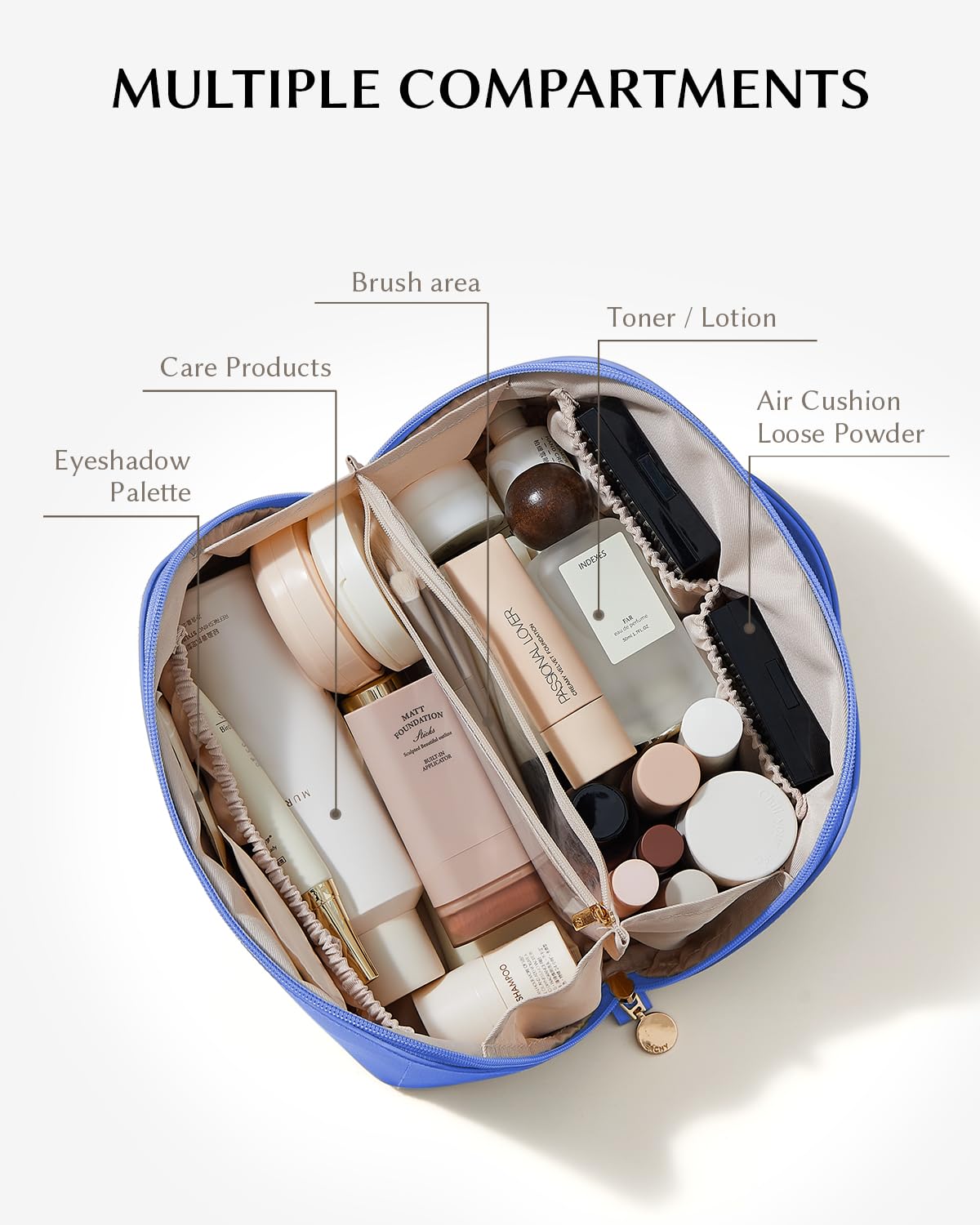 Interior view of EACHY Travel Makeup Bag showing organised pockets