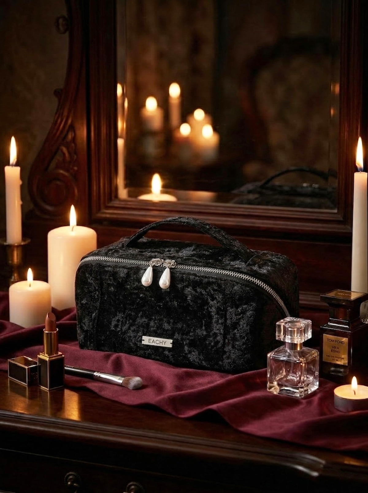 Interior view of EACHY Velvet Makeup Bag showing TPU compartments