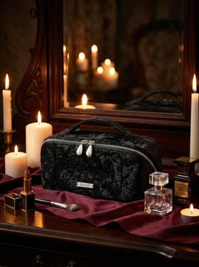 Interior view of EACHY Velvet Makeup Bag showing TPU compartments