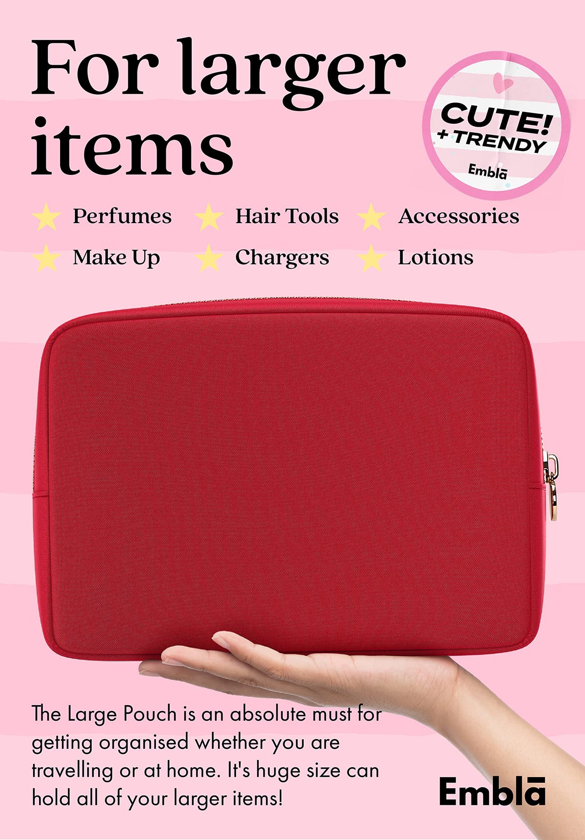 Interior view of Embla Large Makeup Bag with cosmetics