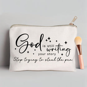 Interior view of HubbgDesign Christian Quotes Makeup Bag showing storage space
