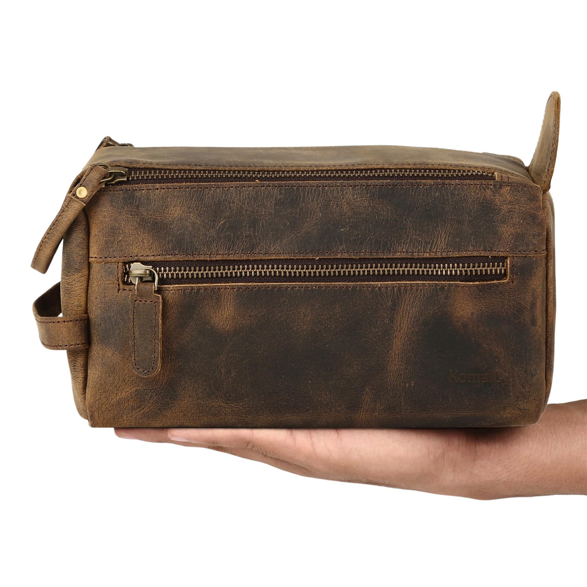 Interior view of KomalC leather toiletry bag with water-resistant lining