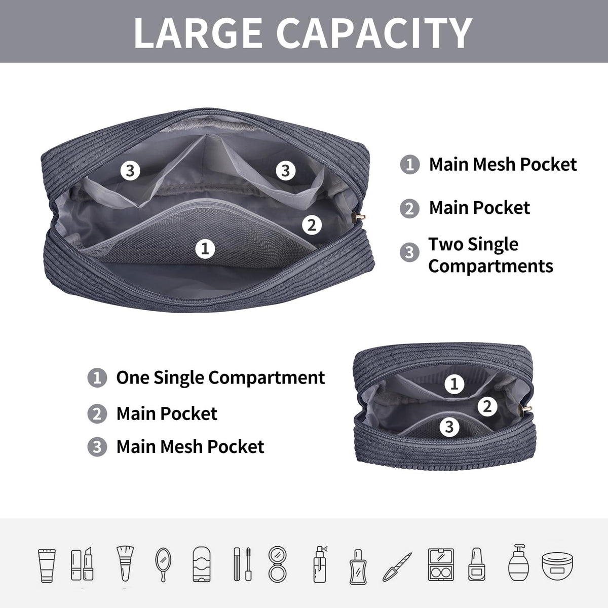 Interior view of MAGEFY Makeup Bag with pockets
