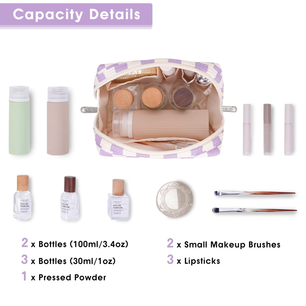 Interior view of Narwey Small Checkered Makeup Bag showing multiple compartments
