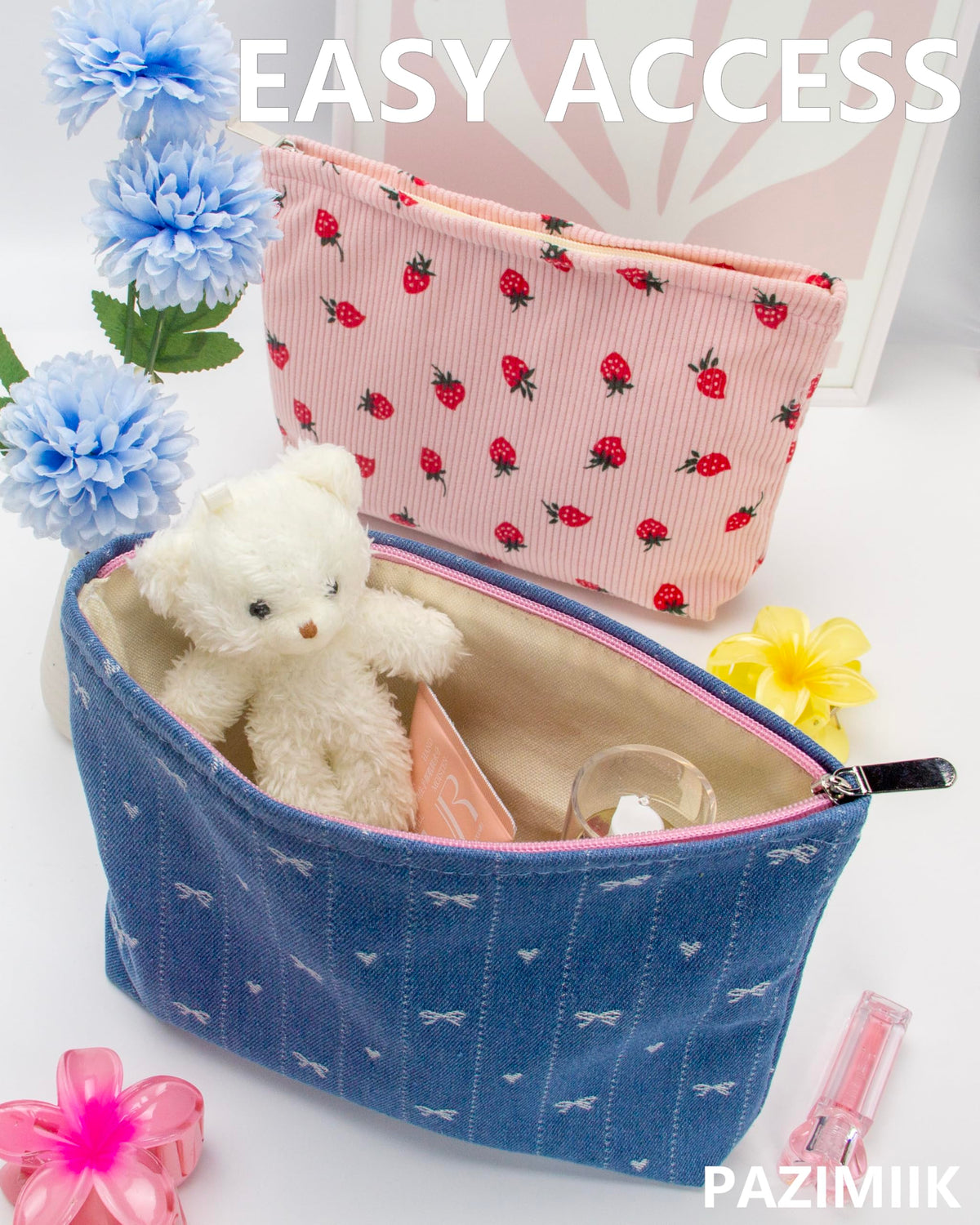 Interior view of PAZIMIIK Flat Makeup Bag with cosmetics