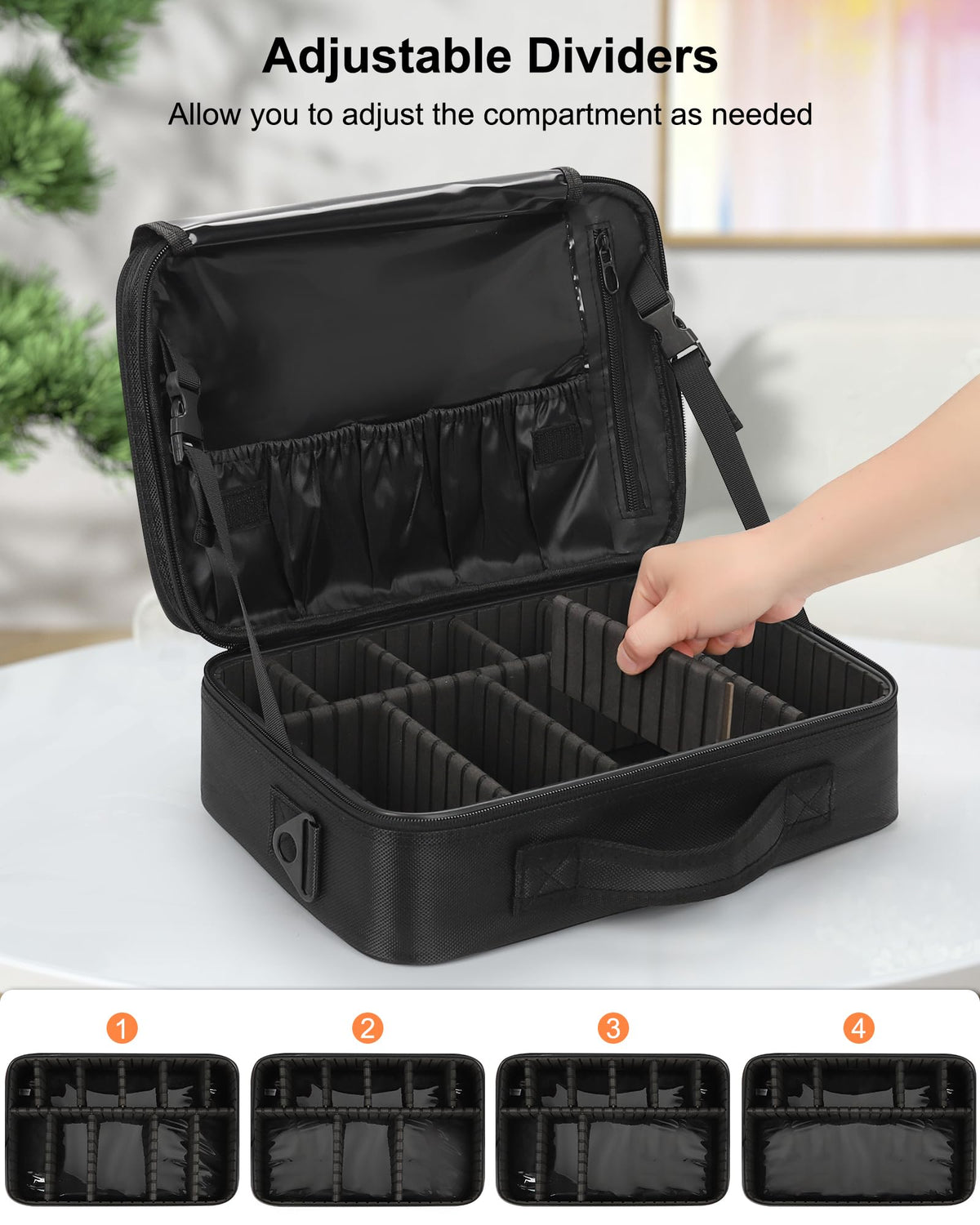 Interior view of Relavel Makeup Bag showing adjustable dividers
