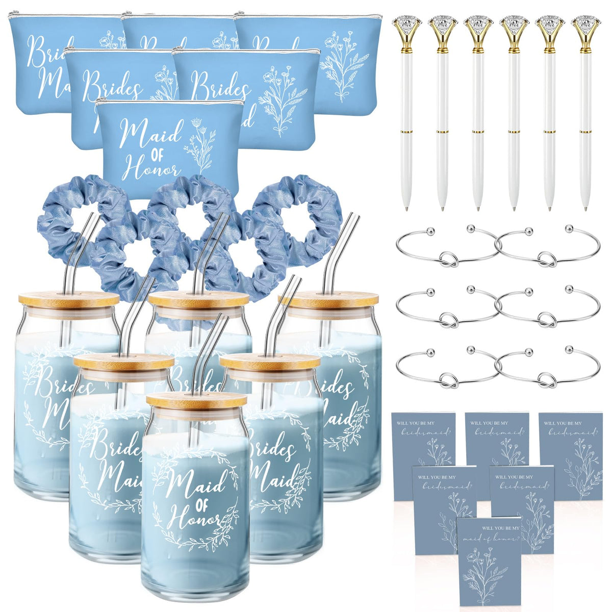 Irenare Bridesmaid Proposal Gift Set includes blue glass cups and makeup bags