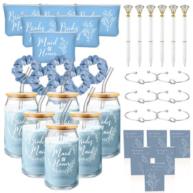 Irenare Bridesmaid Proposal Gift Set includes blue glass cups and makeup bags