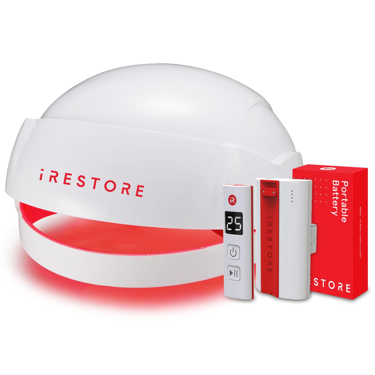 iRestore Laser Hair Growth System front view with rechargeable battery pack