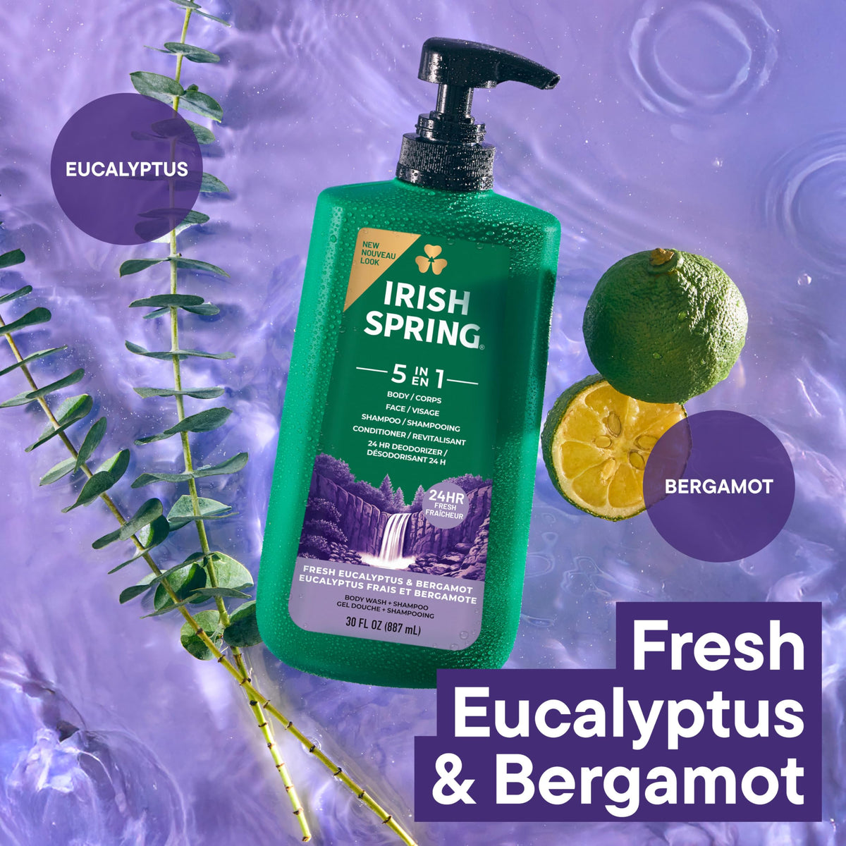 Irish Spring 5 in 1 Body Wash for Men bottle on bathroom shelf