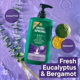 Irish Spring 5 in 1 Body Wash for Men bottle on bathroom shelf