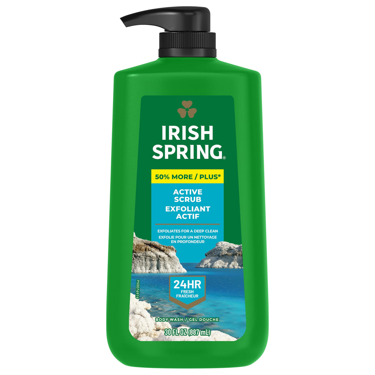 Irish Spring Active Scrub Body Wash on a bathroom shelf