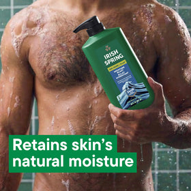 Irish Spring Body Wash Moisture Blast 30 oz pump bottle in a bathroom setting