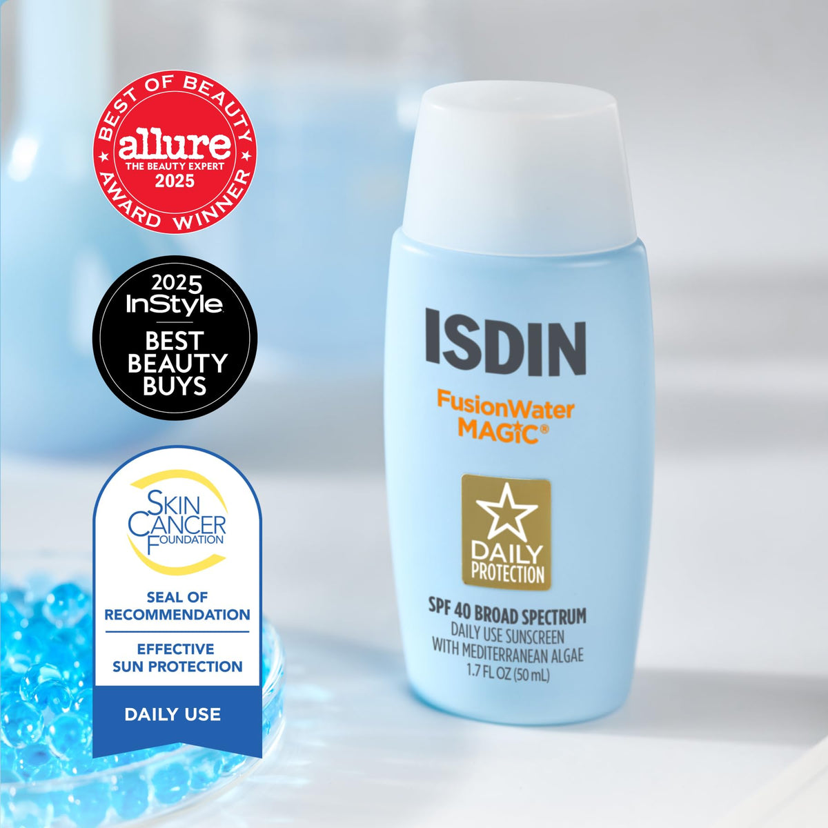 ISDIN Fusion Water MAGIC Face Sunscreen SPF 40 side view with packaging