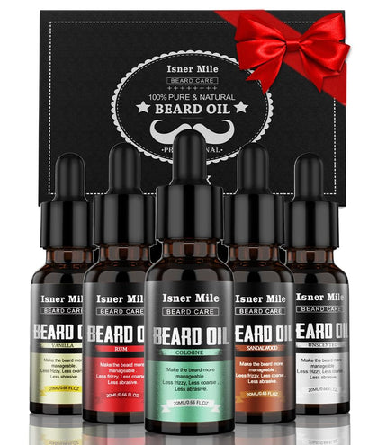 ISNER MILE Beard Oil Kit 5 Pack including Sandalwood, Bay Rum, Vanilla, Cologne, Unscented