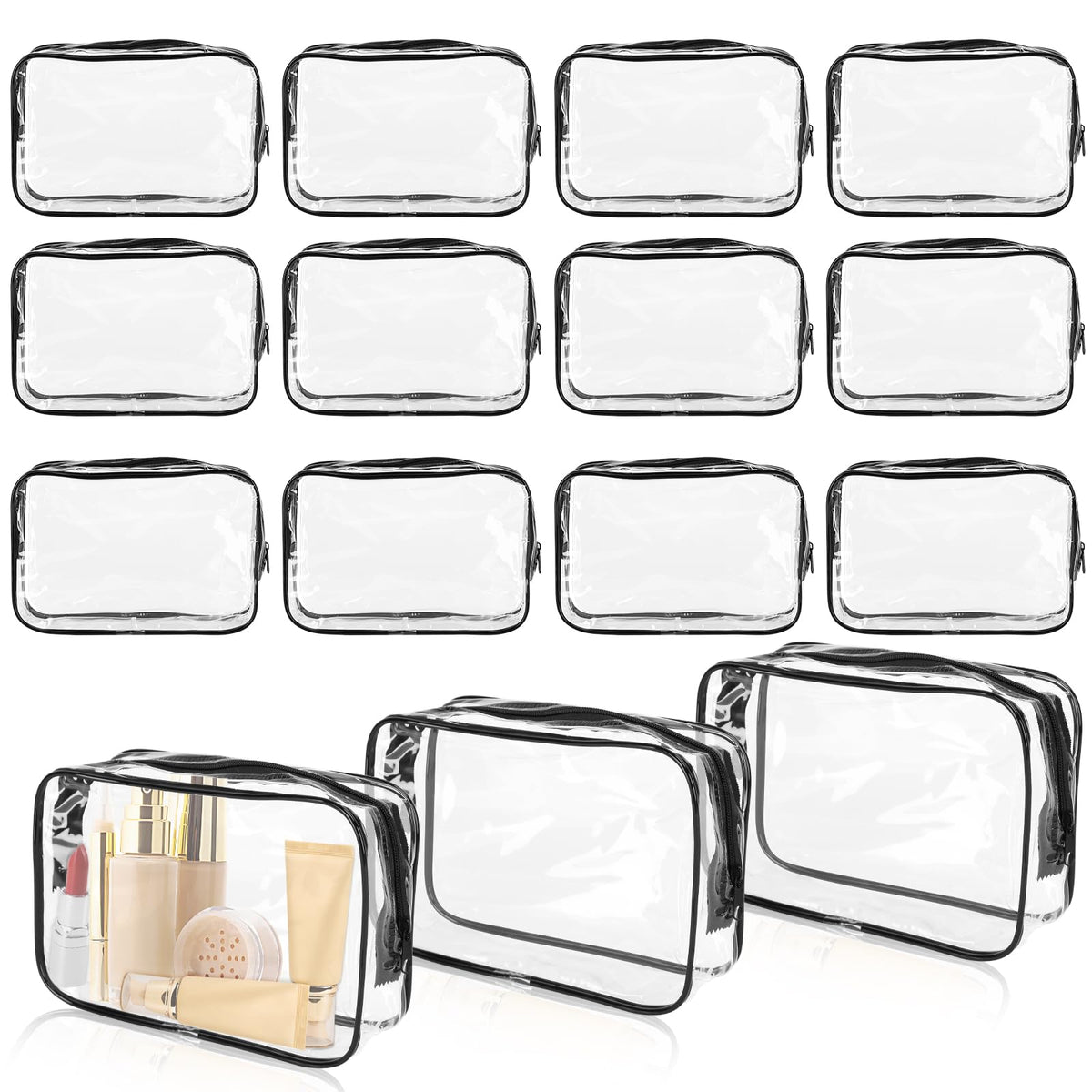 ISUSSER 15 Pack Clear Makeup Bags front view showing multiple bags