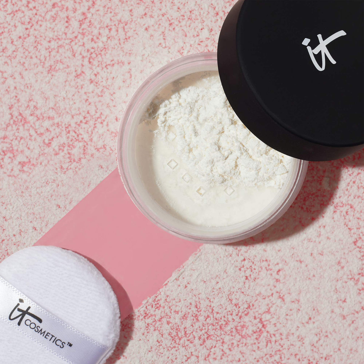 IT Cosmetics Bye Bye Pores Loose Setting Powder in use with makeup