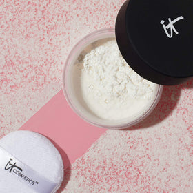IT Cosmetics Bye Bye Pores Loose Setting Powder in use with makeup