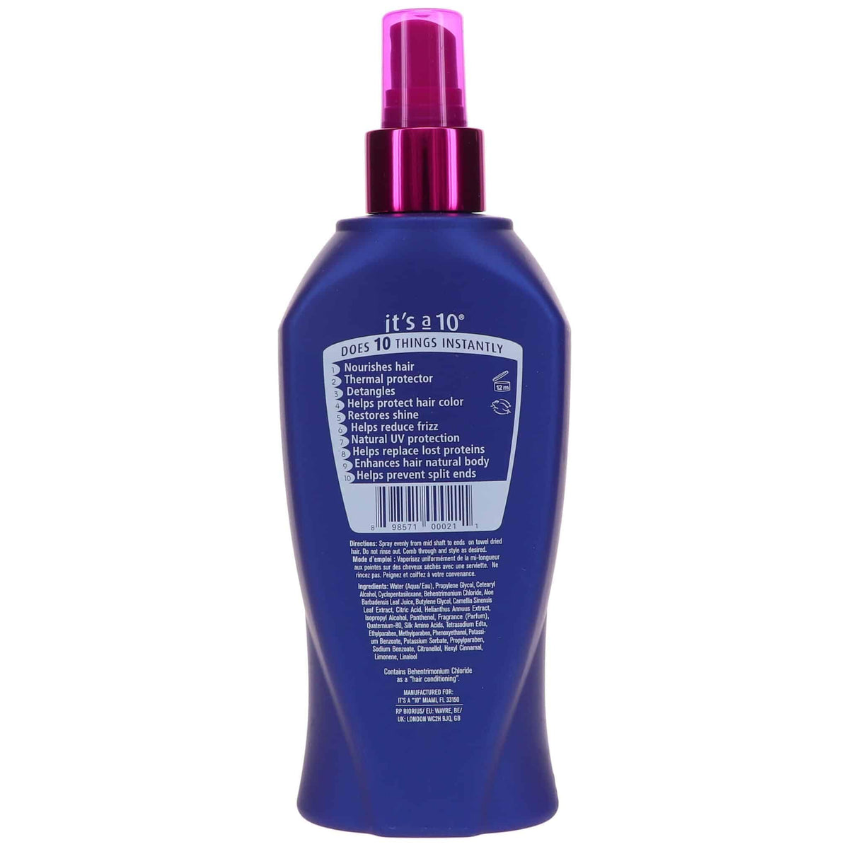 It's a 10 Miracle Leave-In Conditioner 10 Oz back view with ingredients list