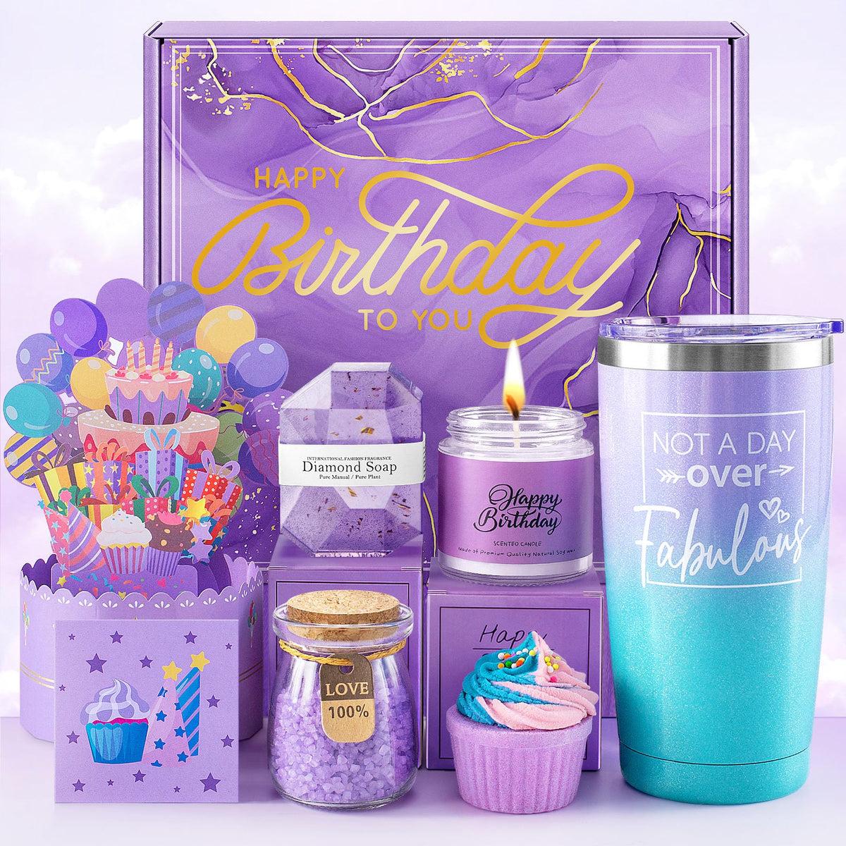 ITABLETAS Birthday Gift Set front view with wine tumbler and candle